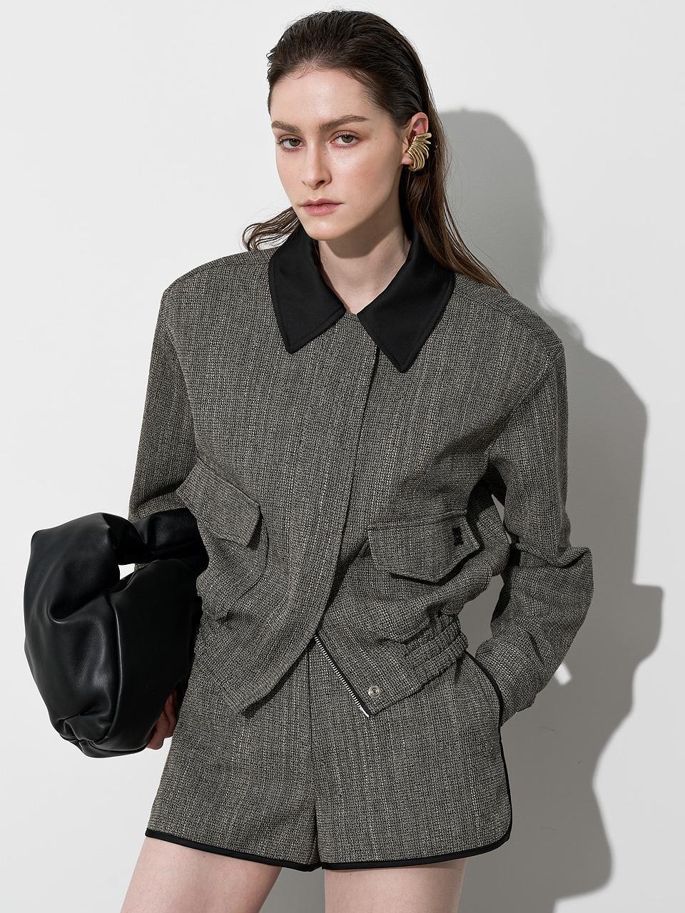 MOONT Color Block Tweed Blouson Jacket