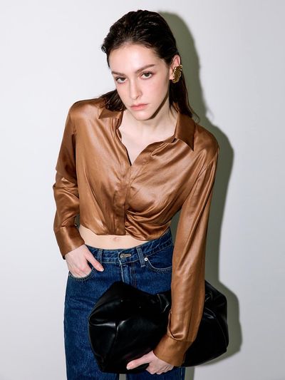 MOONT Satin V-neck Cropped Blouson Blouse