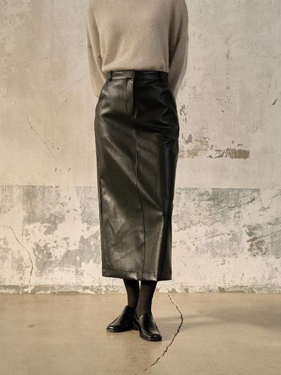 MORCEAU PAR MORCEAU Leather H-line Maxi Slit Skirt [BLACK]