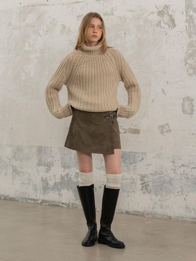 MORCEAU PAR MORCEAU Leather Wrap A-line Mini Skirt Pants [KHAKI]