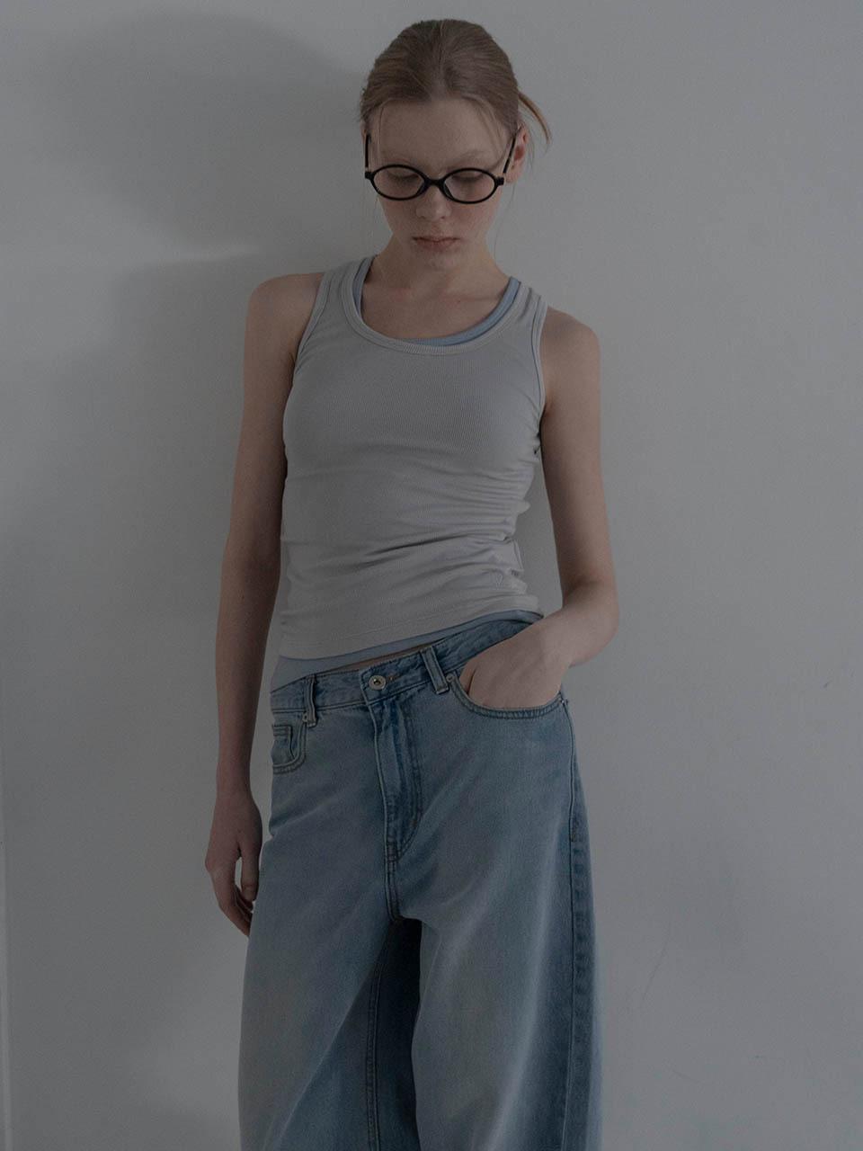 MORCEAU PAR MORCEAU Ribbed Basic Sleeveless Top [Light Gray]