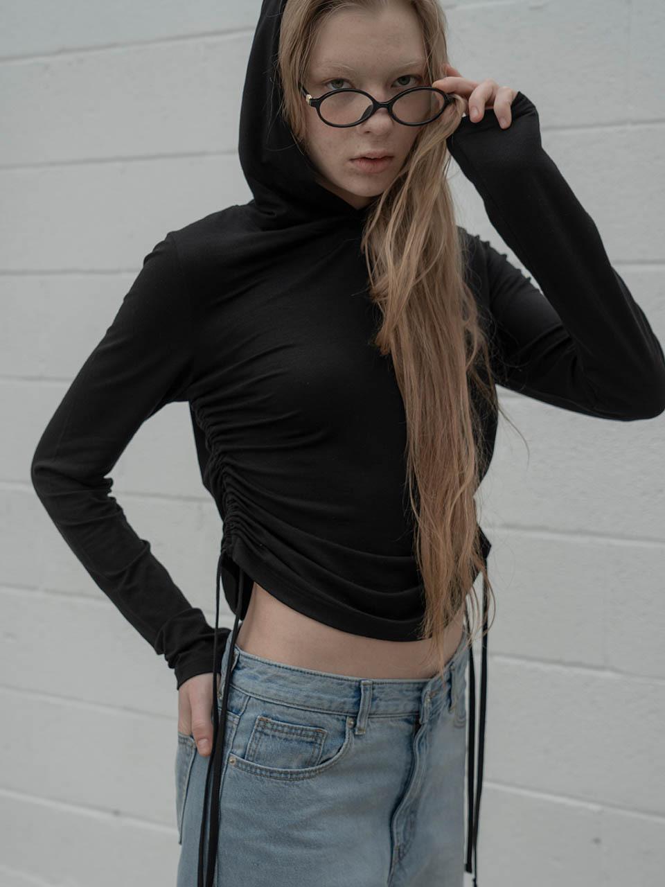 MORCEAU PAR MORCEAU String Shirring Tencel Blend Hoodie [BLACK]