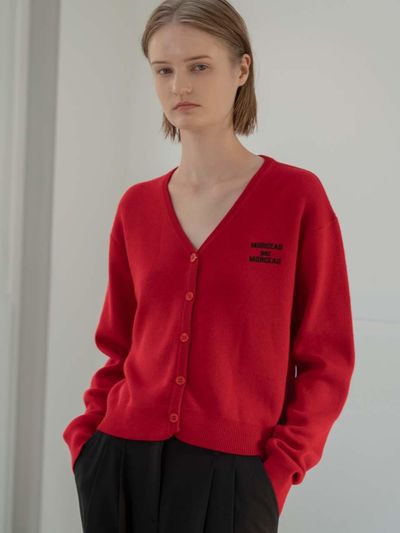 MORCEAU PAR MORCEAU Wool V-neck Logo Cardigan [Red]