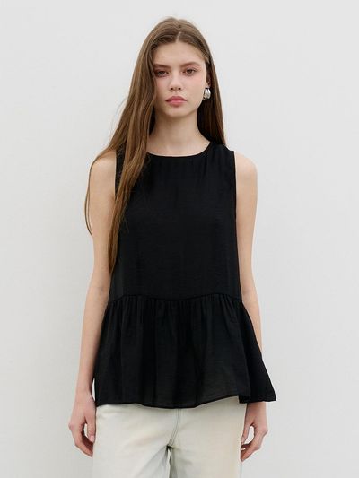 MORELIKEIT Back Slit Ribbon Layered Sleeveless Blouse [Black]