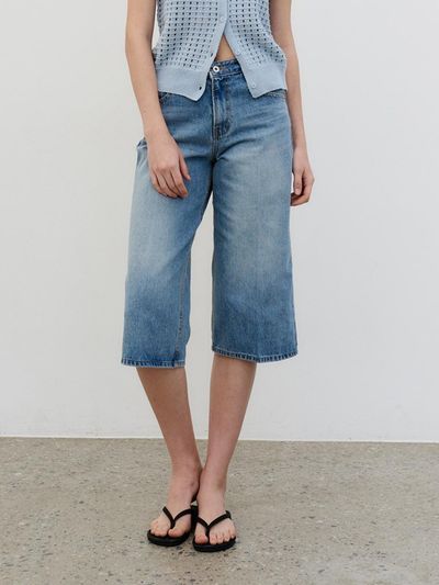 MORELIKEIT Clean-cut Straight Bermuda Denim Pants [BLUE]