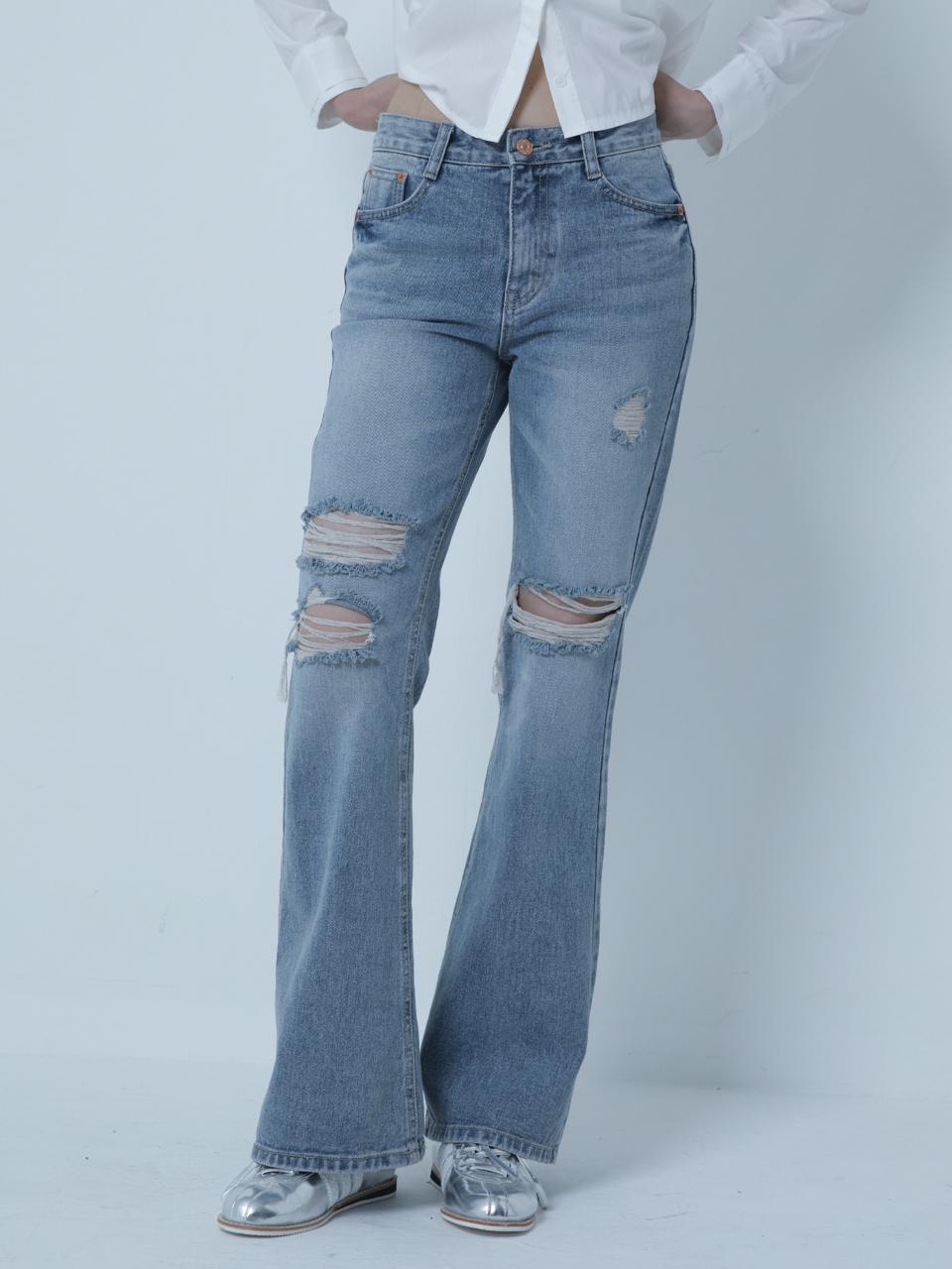 MORELIKEIT DAMAGE SLIM BOOT-CUT DENIM PANTS BLUE