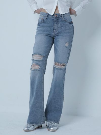 MORELIKEIT DAMAGE SLIM BOOT-CUT DENIM PANTS BLUE