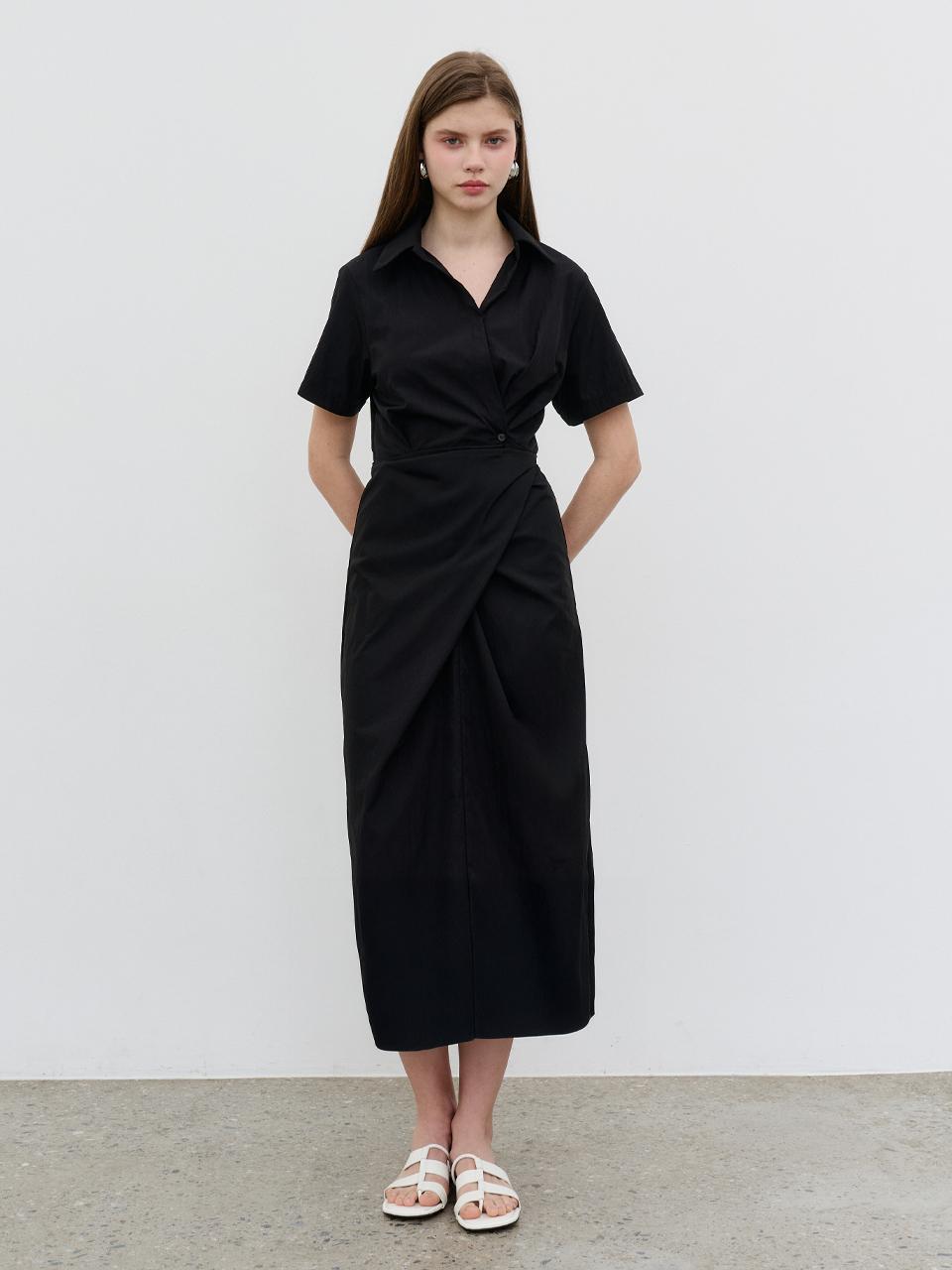 MORELIKEIT Draped Wrap Shirt Dress [Black]