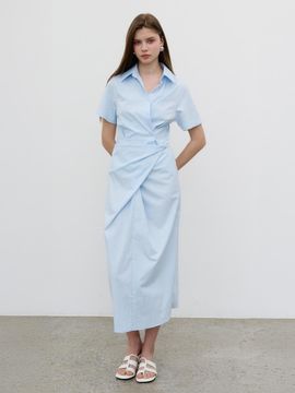 MORELIKEIT Draped Wrap Shirt Dress [Blue]