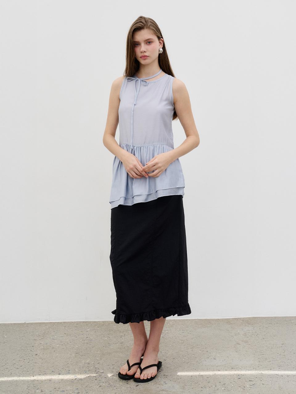 MORELIKEIT Frill Slit Daily Skirt [Black]