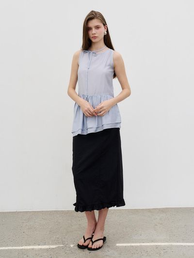 MORELIKEIT Frill Slit Daily Skirt [Black]