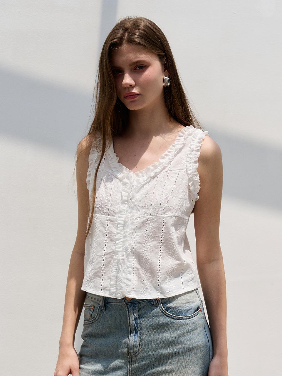MORELIKEIT Frilled V-neck Sleeveless Cotton Blouse [WHITE]