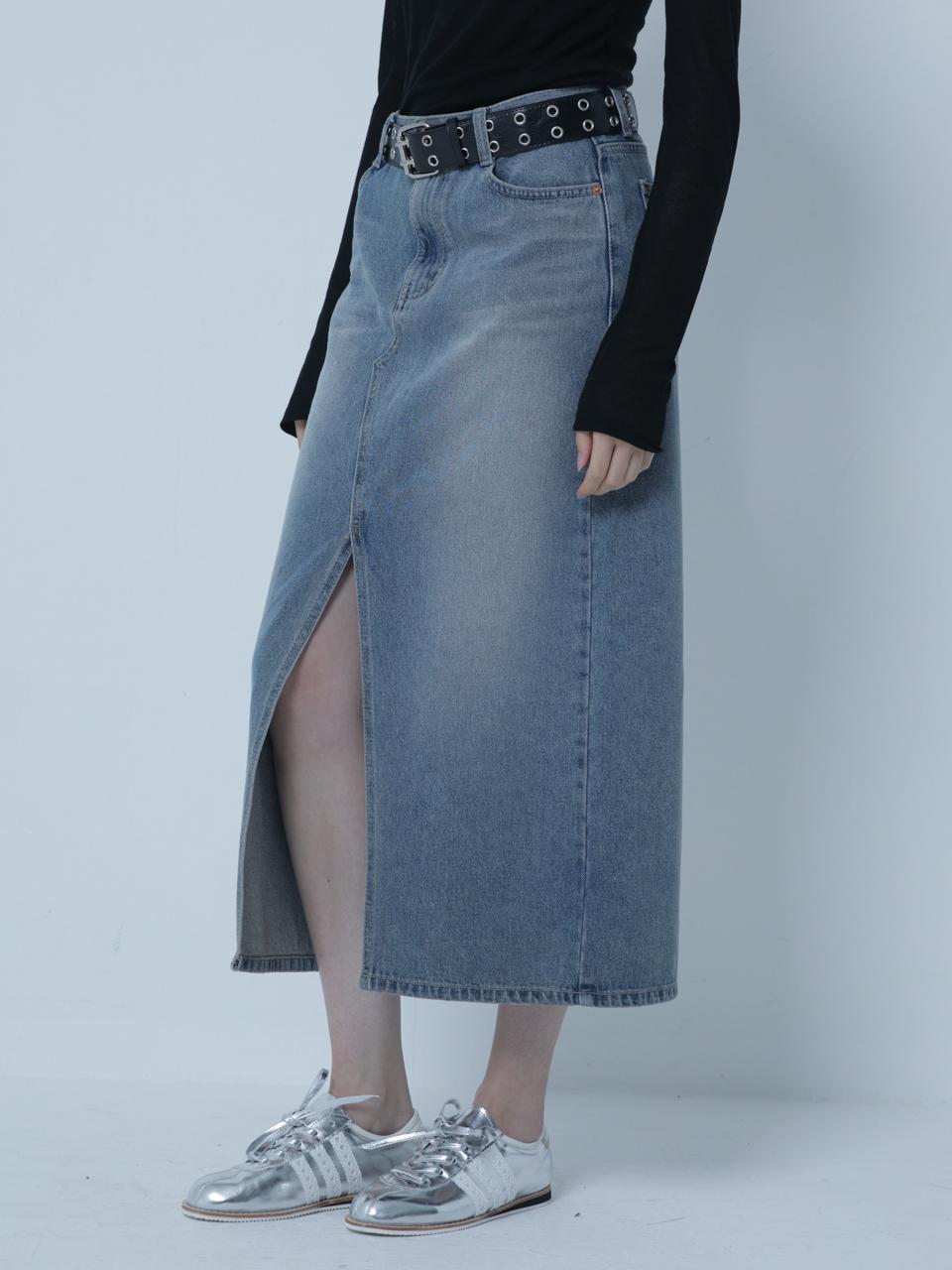 MORELIKEIT FRONT SLIT DENIM LONG SKRIT BLUE
