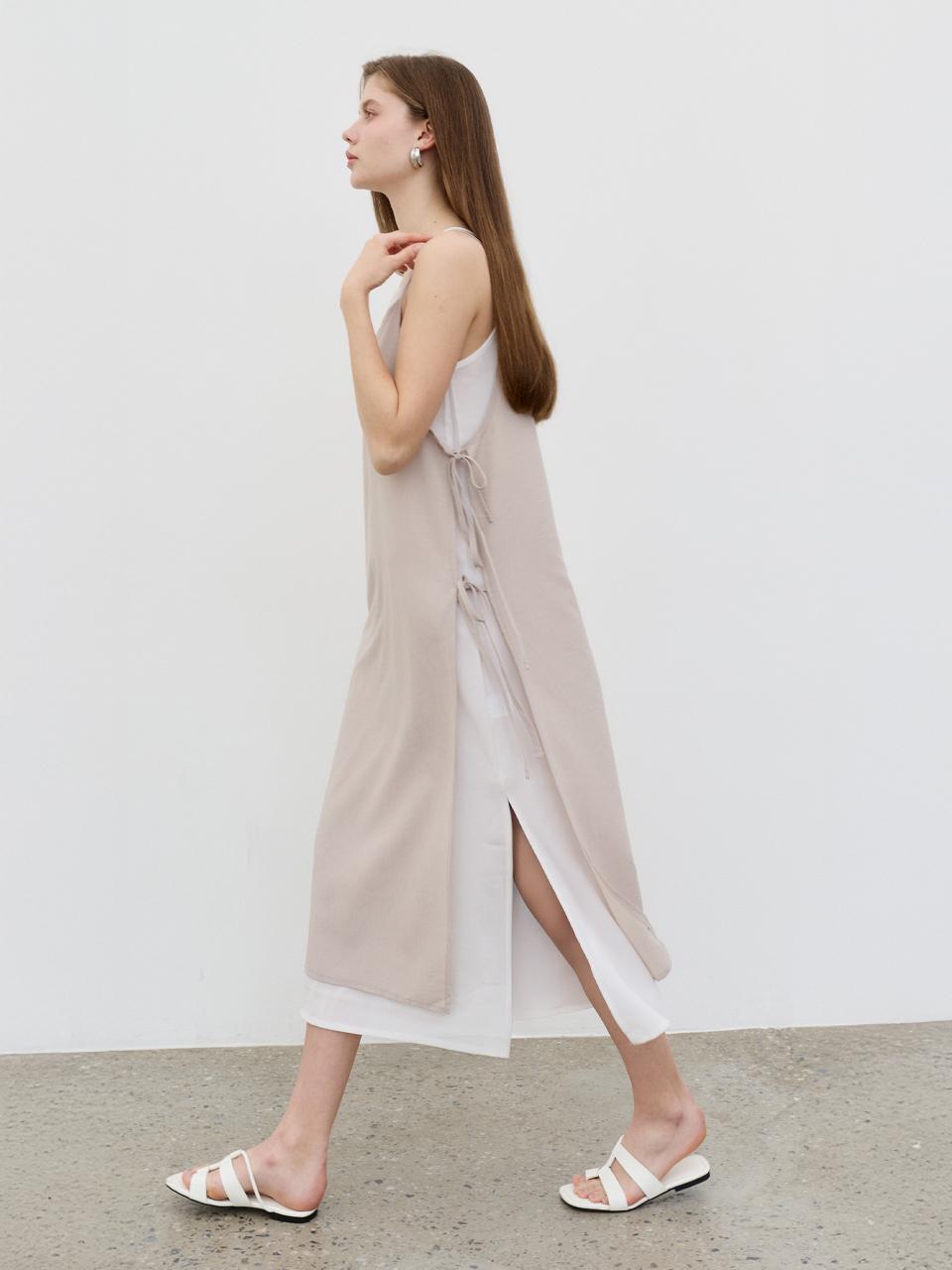 MORELIKEIT Layered Ribbon Sleeveless Long Dress [Beige]