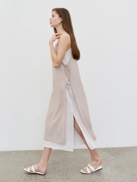 MORELIKEIT Layered Ribbon Sleeveless Long Dress [Beige]