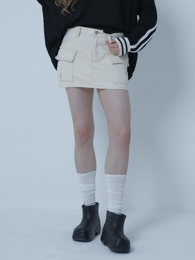 MORELIKEIT LKET CARGO POCKET DENIM MINI SKIRT CREAM