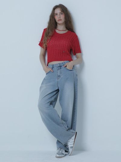 MORELIKEIT LKET FRONT 1 TUCK WIDE DENIM PANTS BLUE