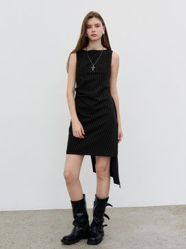 MORELIKEIT Pinstripe Unbalanced Layered Dress [Black]