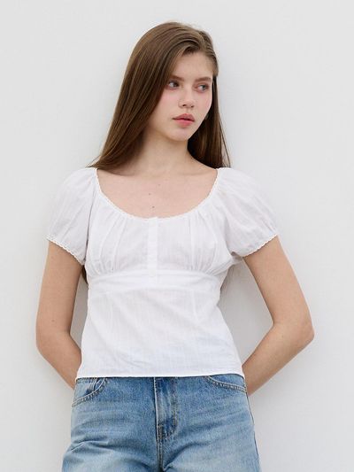 MORELIKEIT Ribbon Cotton Square Neck Blouse [White]