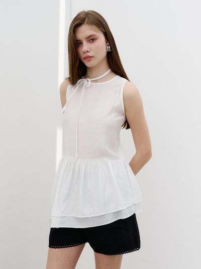 MORELIKEIT Ribbon Neck Layered Sleeveless Blouse [WHITE]