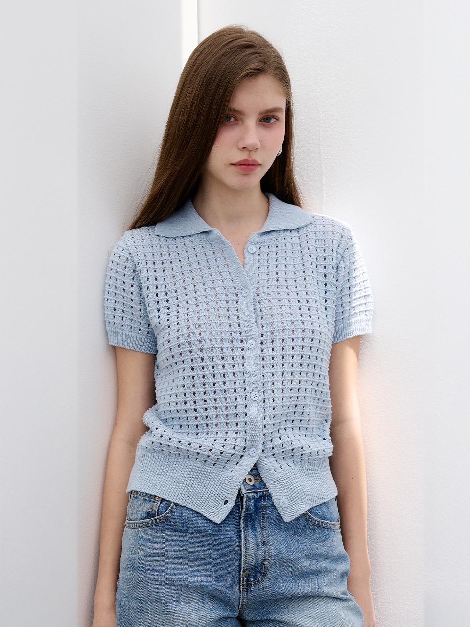 MORELIKEIT Summer Punching Knit Collar Cardigan [Skyblue]
