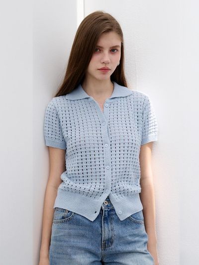 MORELIKEIT Summer Punching Knit Collar Cardigan [Skyblue]