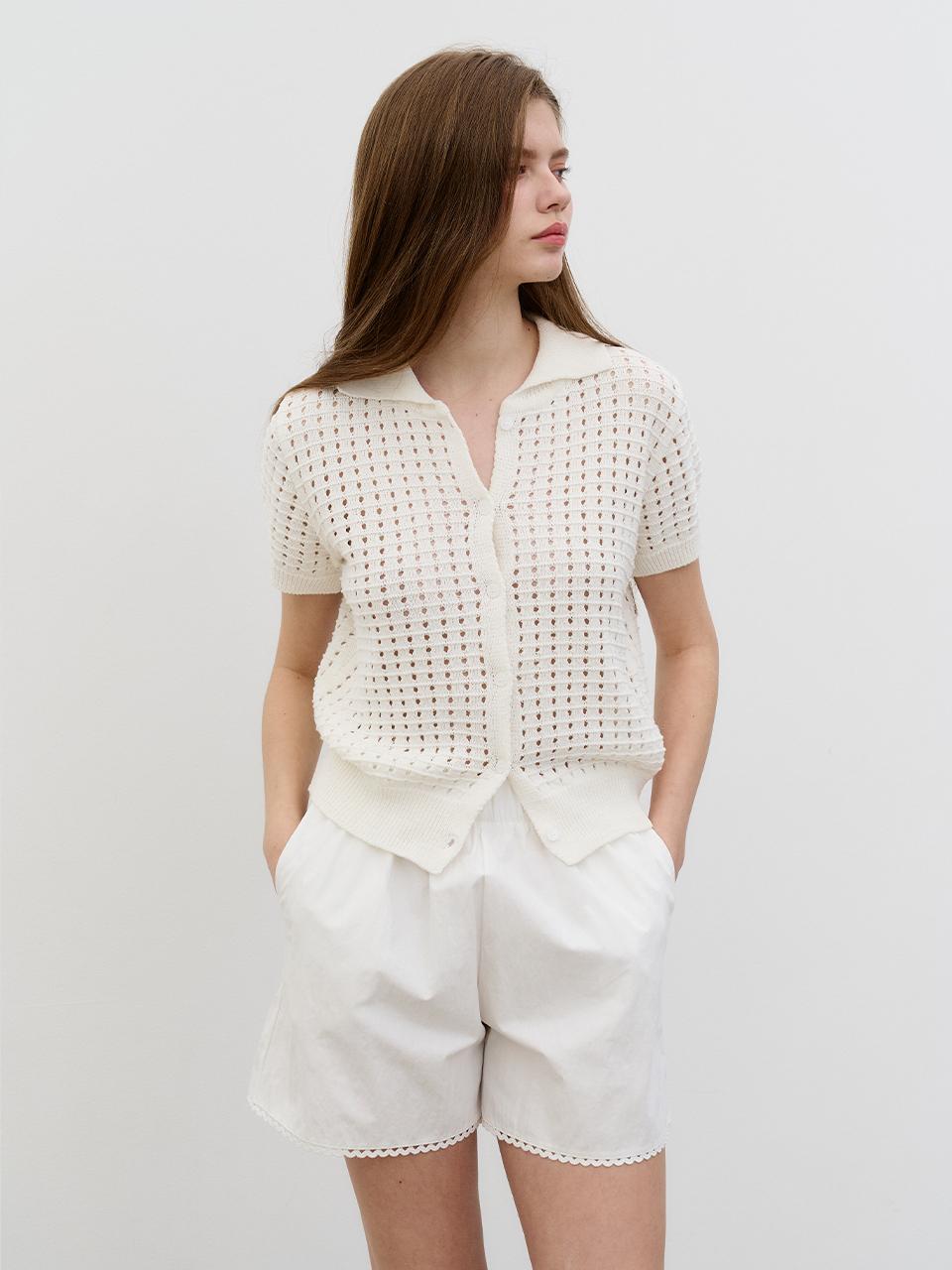 MORELIKEIT Summer Punching Knit Collar Cardigan [White]