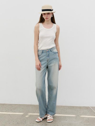 MORELIKEIT Summer Slit Detail Semi-wide Denim [Light blue]