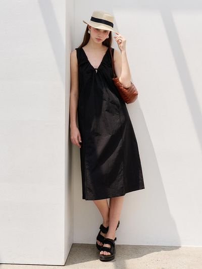 MORELIKEIT Two-way Shirred Sleeveless Dress [Black]