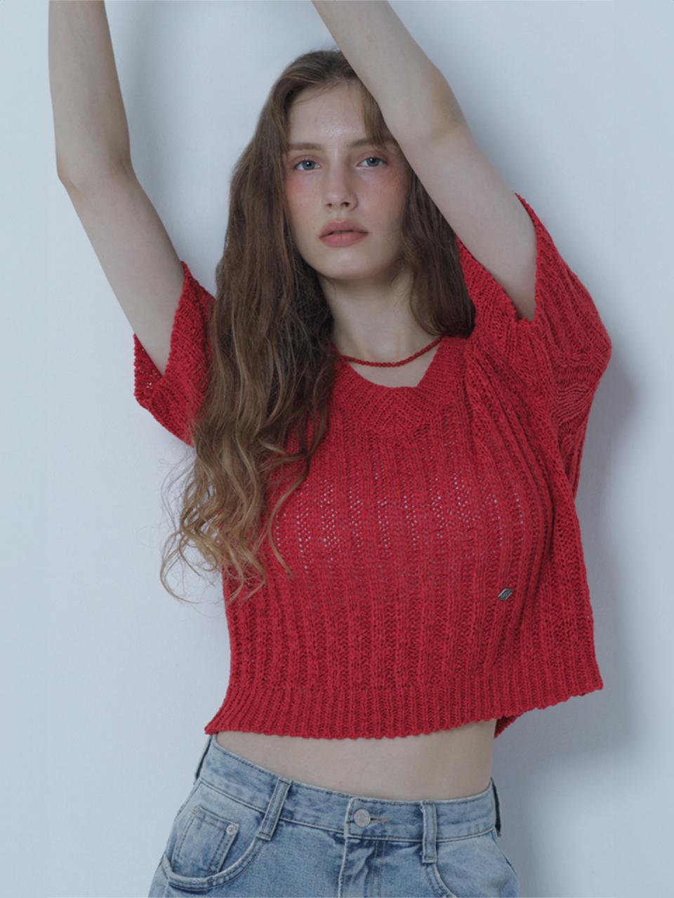 MORELIKEIT V NECK SUMMER CROP KNIT RED