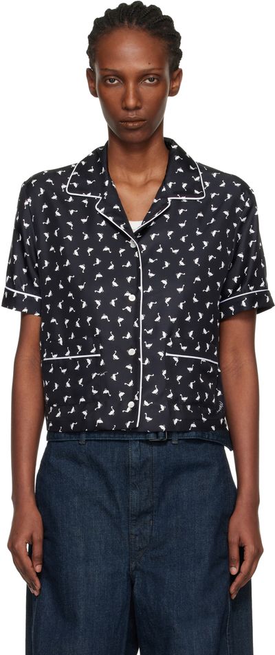 Moschino Moschino Black All Over Small Goose Print Silk Twill Blouse