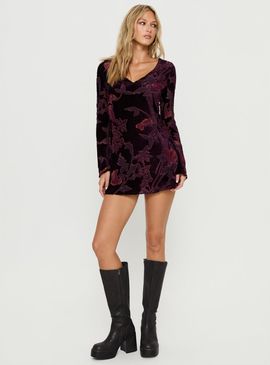 Motel Alitra Long Sleeve Mini Dress Floral Devore Burgundy