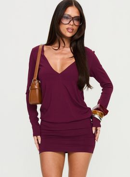 MOTEL Mihiro Plunge Mini Dress Jersey Deep Purple