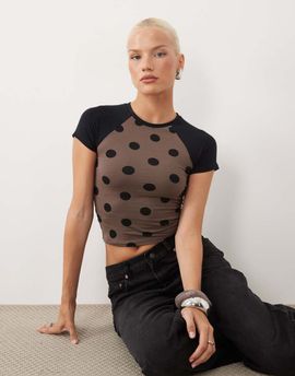 Motel Motel Agneta polka dot baby tee in brown mix