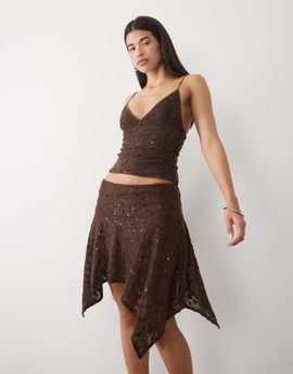 Motel Motel ashley hanky hem sequin midi skirt set in brown