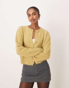 Motel Motel Audrina fluffy knit cardigan in yellow-Green