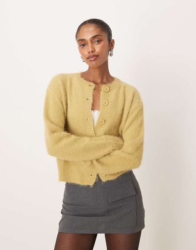 Motel Motel Audrina fluffy knit cardigan in yellow-Green
