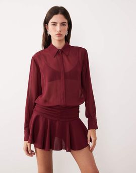Motel Motel Azphira long sleeve mesh romper in burgundy-Red