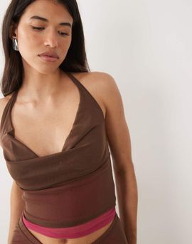 Motel Motel Branjali cowl neck pink lace hem top in brown - part of a set