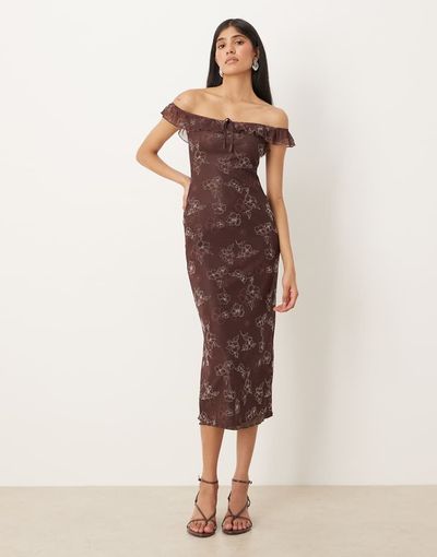 Motel Motel Catrin off shoulder midaxi floral dress in brown