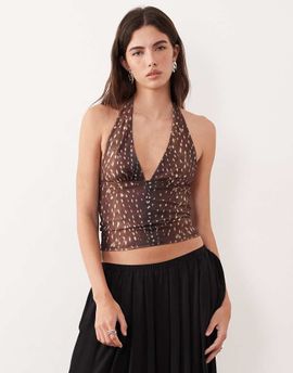 Motel Motel Cosimo halter mesh top in deer print brown