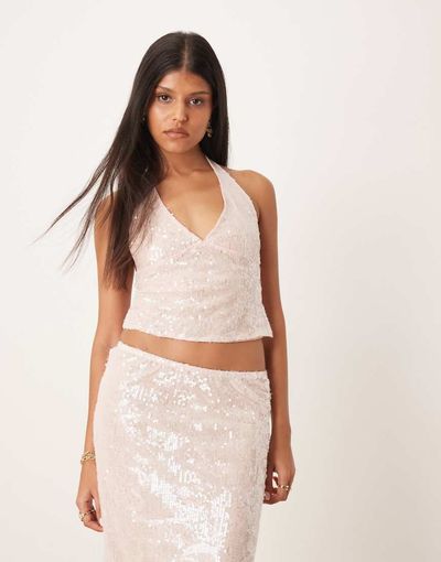 Motel Motel cosio halterneck top in pink sequin - part of a set
