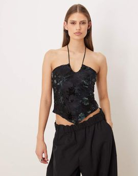 Motel Motel Daiki halter velvet leaf top in dark blue