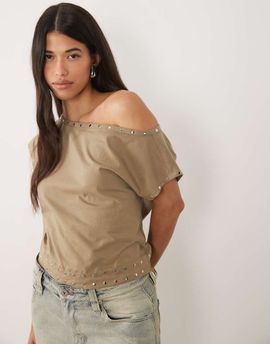 Motel Motel Damaria off-the-shoulder stud detail top in khaki-Green