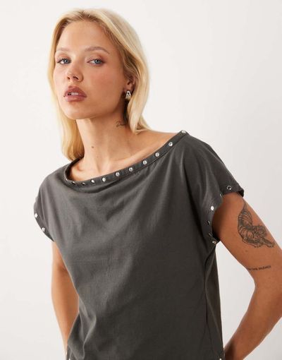 Motel Motel Damaria off the shoulder stud detailing top in charcoal gray