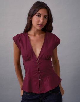 Motel Motel Devlin v-neck poplin blouse in burgundy-Red