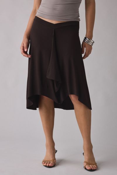 Motel Motel Esmeray Asymmetric Ruffle Low-Rise Knee Length Skirt in Brown, Women's at Urban Outfitters