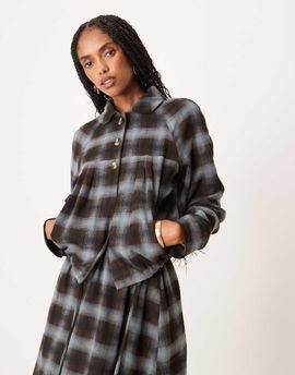 Motel Motel Harana collared button up jacket in blue brown plaid - part of a set
