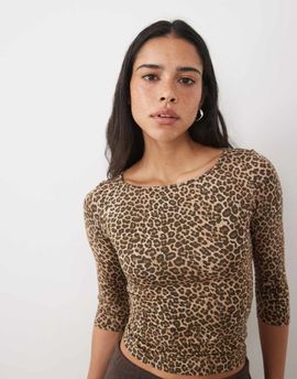 Motel Motel ione 3/4 sleeve top in leopard print-Brown