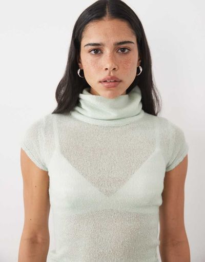 Motel Motel Jian short sleeve knit top with buckle detail in aqua blue